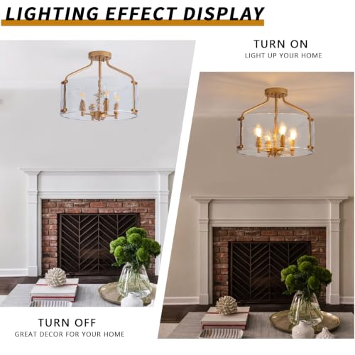 Gold Semi Flush Mount Ceiling Light Fixture 16'' Glass Modern Lght Fixture