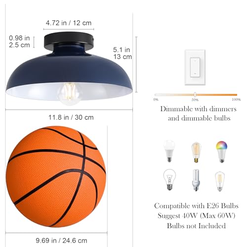12 Inch Metal Semi Flush Mount Ceiling Light Fixture Industrial Small Ceiling Lights Kitchen Lighting Fixtures Ceiling with Navy Blue Shade for Hallway Entryway Bedroom Foyer Bathroom Laundry Room
