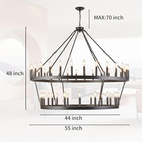 Rustic Farmhouse Wagon Wheel Chandelier Oil Rubbed Bronze Large Chandeliers for High Ceilings 2 Tier 48 Lights 55 Inch for Dining Room Living Room Foyer Porch Kitchen Island
