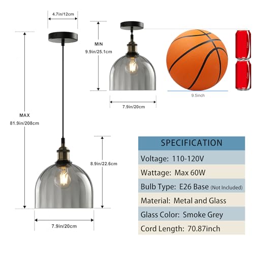 Grey Ribbed Glass Pendant Light Kitchen Island 7.8Inch Black Hanging Lamp