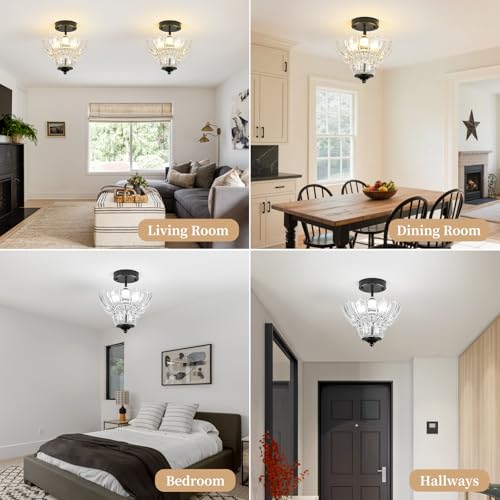 Black Semi Flush Mount Light with Floral Class Shade (Black)