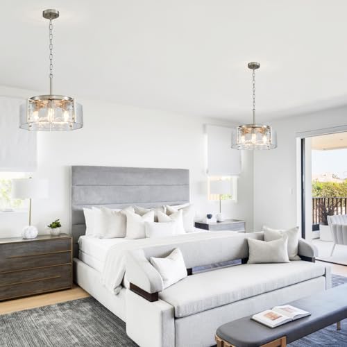 4 Light Glass Brushed Nickel Chandeliers for Dining Room 17.3" Round Modern Farmhouse Chandelier Drum Hanging Pendant Ceiling Light Fixture for Hallway Entryway Kitchen Island Foyer Bedroom