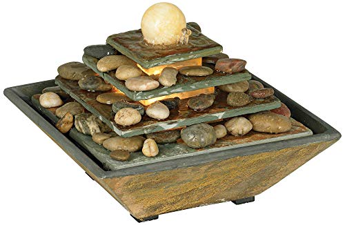 Pyramid 9" High Slate Stone Feng Shui Table Indoor Fountain with LED Light