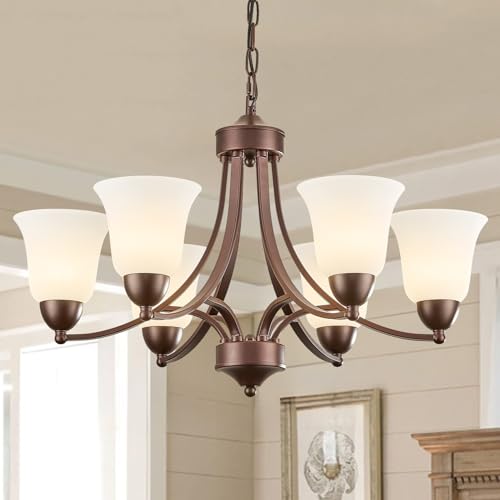 6 Light Oil Rubbed Bronze Dining Room Light Fixture Farmhouse Modern Chandelier Pendant Light Bronze 47.2''Adjustable Ceiling Hanging Lighting with Frosted Glass for Kitchen Island Living Room Foyer