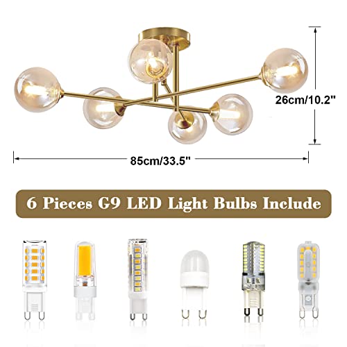 Mid Century Modern Gold Sputnik Flush Mount Ceiling Light Antique Brass Ceiling Lights 6 Light Amber Glass Chandelier Small Living Room Globe Ceiling Light