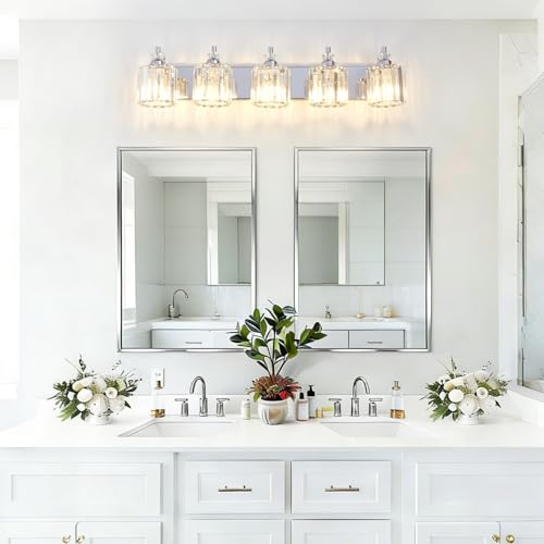 5 Light Modern Bathroom Light Fixture Chrome Bathroom Vanity Lights Over Mirror Wall Sconce Lighting with K9 Crystal Shades E26 Base for Bedroom