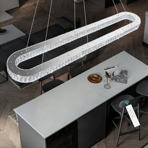 Modern Oval Crystal Chandelier for Dining Room Rectangular Ceiling Light Fixture Dimmable LED Chandeleirs for Living Room Kitchen Island Silver