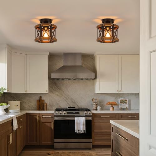 Rustic Farmhouse Wood Flush Mount Ceiling Light Fixture Oak Wood and Metal Hexagon Cage Small Semi Flush Mount Ceiling Light for Kitchen Hallway Entryway Bedroom Farmhouse Country (Small 1 light)