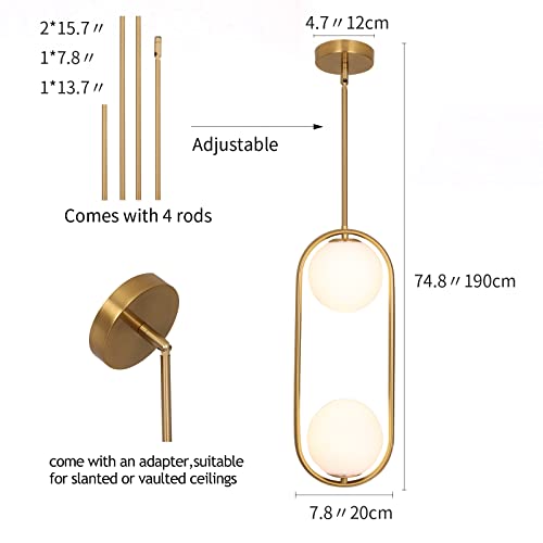 2 Lights Gold Pendant Lighting Milky Glass Globe Shade Hanging Light