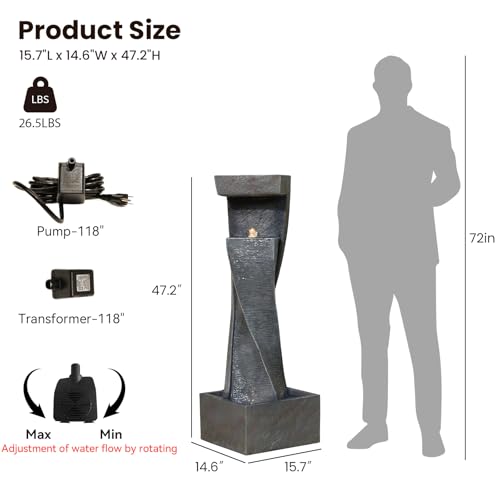 47.2" H Garden Fountains Outdoor Modern Water Fountain Indoor Floor Standing Large Waterfall with LED Lights and Pump for Patio Decor