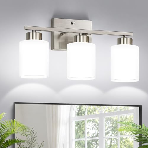 Brushed Nickel Bathroom Light Fixtures with Milk Glass Shades