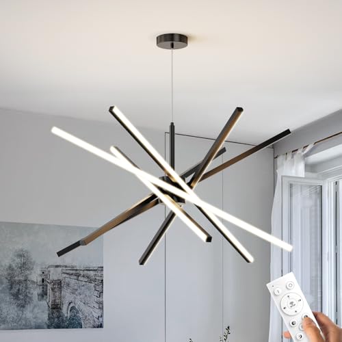 Modern Sputnik Chandelier Ceiling LED Black Pendant Light Embedded Mount Chandeliers Dining Room Light Fixtures Over Table Dimmable with Remote Control for Living Room Kitchen Bedroom