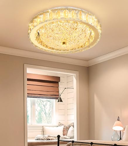 11.8" Modern Mini Crystal Chandelier Dimmable LED Flush Mount Ceiling Light with Remote Control for Bedroom Hallway Dining Room Gold