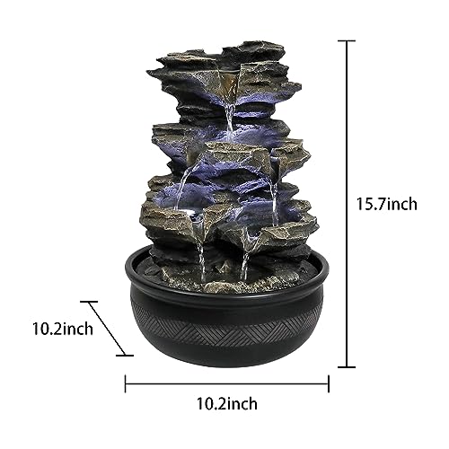 15.7” High Rock Falls Tabletop Water Fountain with LED Lights