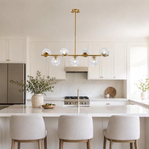 MCM 7 Light Brass Gold Linear Sputnik Chandelier with Clear Glass Shade