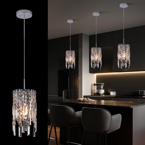 Chrome Crystal Chandelier 7'' Small Kitchen Island Crystal Pendant Light Fixture Raindrop Flush Mount Hanging Chandelier for K9 Crystal Lights Fixture for Bedroom Kitchen Sink Dining Room