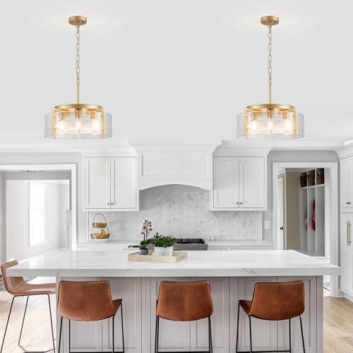 4 Light Glass Gold Chandeliers for Dining Room 17.3" Round Modern Farmhouse Chandelier Drum Hanging Pendant Ceiling Light Fixture for Hallway Entryway Kitchen Island Foyer Bedroom Laundry