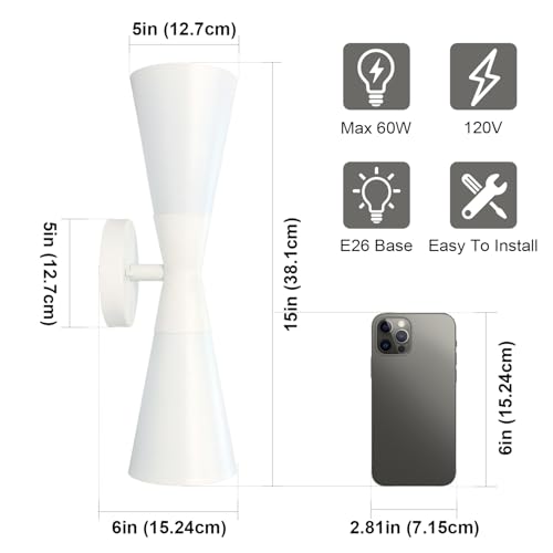 Modern Indoor Wall Sconces Set of 2 Up and Down White Wall Sconces Mid Century Indoor Wall Light Fixture Hardwired Wall Mounted Lamp for Living Room Bathroom Bedroom Hallway 15 Inch (2 Count)