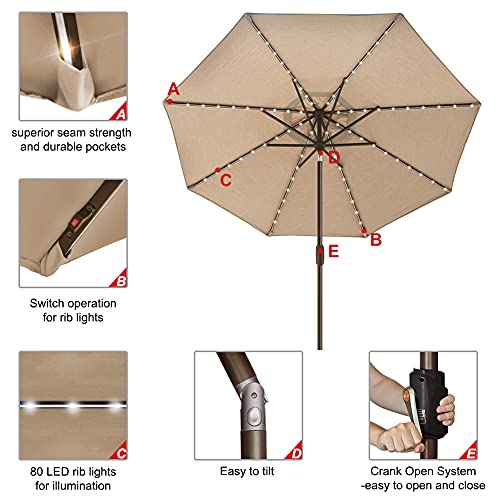 USA 10-Year-Non-Fading 9ft Market Patio Umbrella, Commercial Grade Table Sun Umbrella with 80 Solar LED Lights, Crank Open, Windproof & UPF 50+ UV Protection for Garden, Deck, Pool, Backyard, Heather Beige