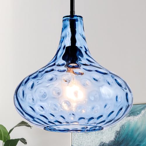11" Blue Hammered Glass Pendant Light