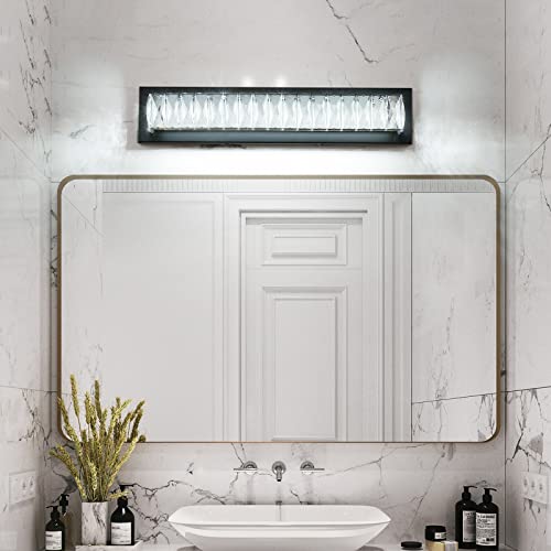 Bathroom Light Fixtures 23 Inch Modern Crystal Vanity Light LED Black Wall Sconce for Bathroom Vanity Mirror Lights Cool White 6000K