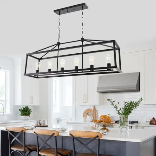 Modern Rectangle Chandelier 6 Light Black Industrial Vintage Kitchen Island Lighting Fixture Hanging Pendant Lamp Farmhouse Metal Cage Ceiling Light Fixtures for Living Room Dining Room Foyer