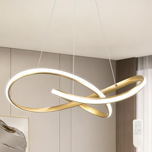 30" Gold Modern LED Chandelier Large Irregular Ring Pendant Lighting Adjustable Hanging Light Fixture Modern Dimmable Remote Control Pendant Lights for Living Room Dining Room Entryway