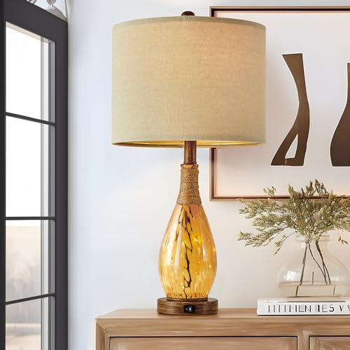 23" USB A+C Table Lamp for Bedroom Living Room Modern Bedside Lamps Retro Farmhouse Rattan Glass Nightstand Nightlight Lamps