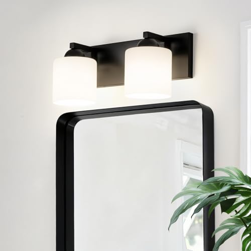 2 Light Black Bathroom Vanity Light with White Glass Shades