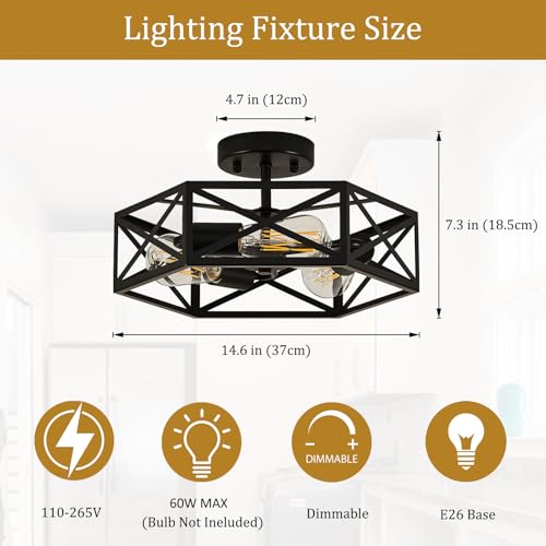 Black Modern Farmhouse Metal Semi Flush Mount Ceiling Light Fixture 14.6 in