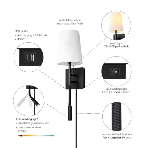 1-Light Plug-in or Hardwired Wall Sconce with LED Integrated Reading Light, USB-A Port, USB-C Port, Matte Black, White Fabric Shade, On-Off Pull Chain and Rocker Switch