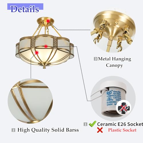 Brass Semi Flush Mount Ceiling Light Fixture with Ceramic Light Socket