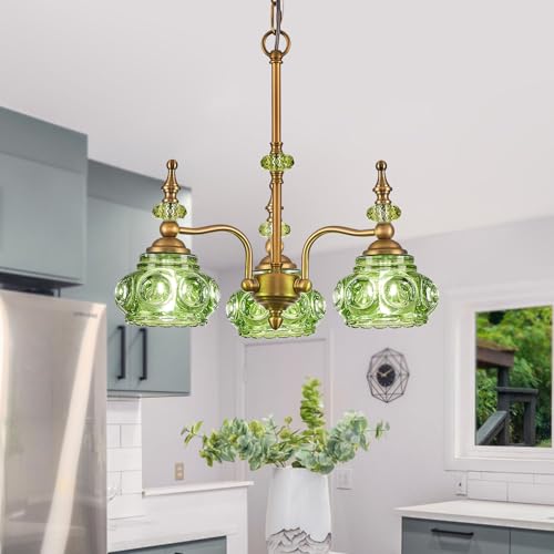 3 Light Green Pendant Lighting Fixtures Vintage Brass Pendant Light for Bedroom Kitchen Island Dining Room Living Room