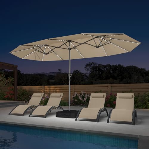 Patio Umbrella 14ft with Base and Solar Lights Outdoor