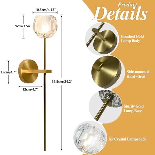 1 Light Antique Brass Wall Sconce Lighting Fixture Modern Clear Crystal Ball Wall Sconce Lamp Brushed Gold Long Metal Wall Light Hardwired Bathroom Vanity Light Fixture