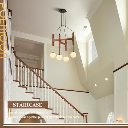 Farmhouse 4 Light Wooden Chandelier with Milk Glass Globe L24 Inch (4 Count)