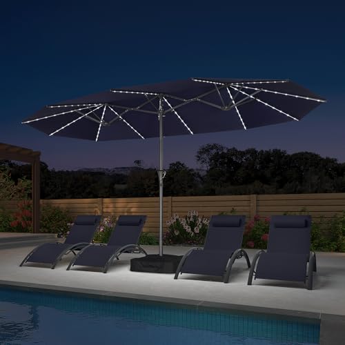 Patio Umbrella 14ft with Base and Solar Lights