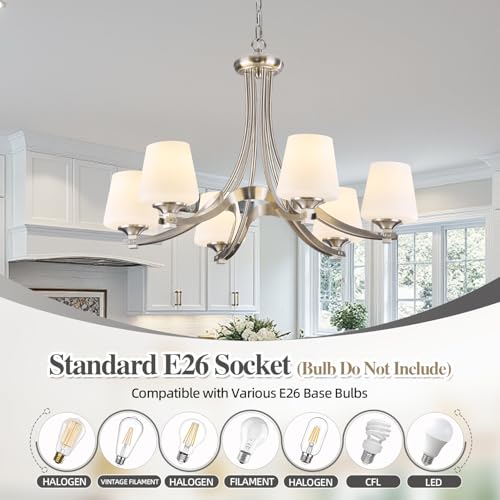 6 Light Brushed Nickel Chandeliers for Dining Room with Frosted Glass 47.2" Adjustable Silver Pendant Ceiling Lighting Rustic Vintage Hanging Lamp for Farmhouse Kitchen Island Dining Table Living Room