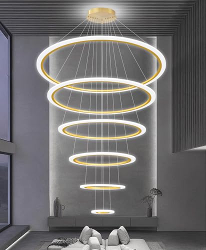Modern LED Dimmable Chandelier 6 Ring High Ceiling Large Chandelier for Living Room Hanging Light Fixture for Foyer Staircase Gold