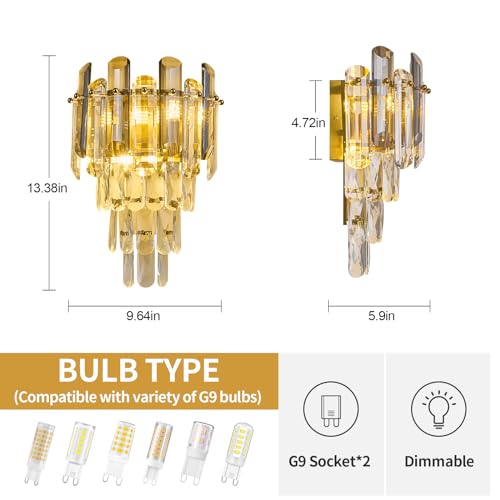 Modern Crystal Wall Sconces Gold Wall Sconce Set of Two Bathroom Vanity Light Fixtures Bedside Wall Light for Living Room Bedroom Hallway Foyer G9 Bulbs (2 Count)