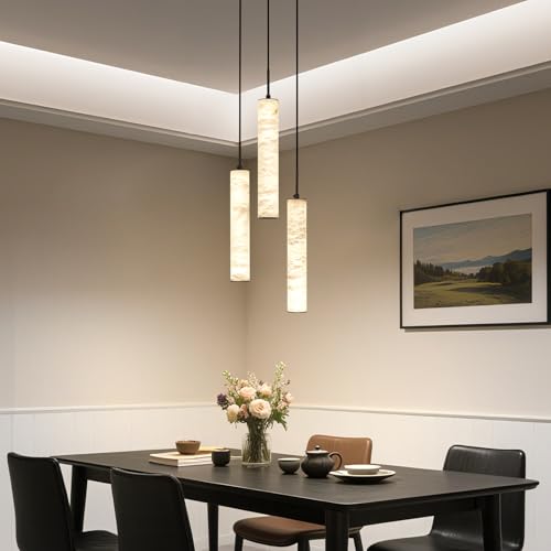 Natural Alabaster Pendant Lights for Kitchen Island White Marble Long Tube Chandelier 4000K Modern Black Ceiling Light Fixtures for Bedroom Dining Room Table Living Room Hallway
