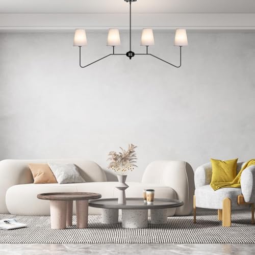 4 Light Matte Black Linear Chandelier with Fabric Shades