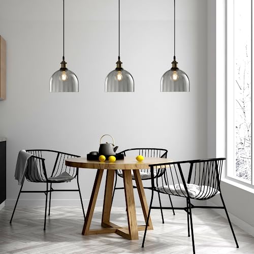 Grey Ribbed Glass Pendant Light Kitchen Island 7.8Inch Black Hanging Lamp