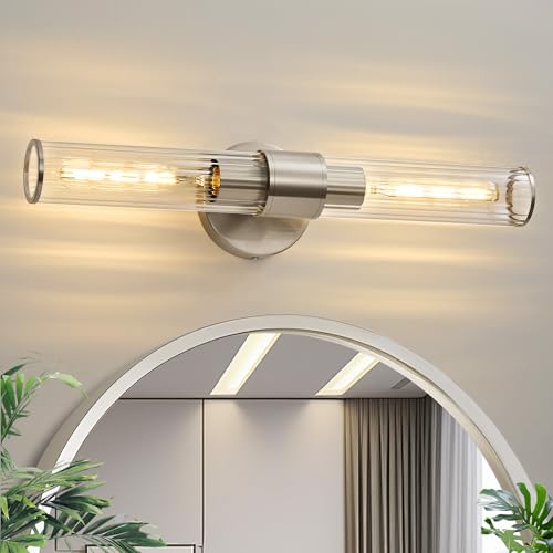 Hardwired Nickel Bathroom Vanity Light Threaded Glass Wall Sconce