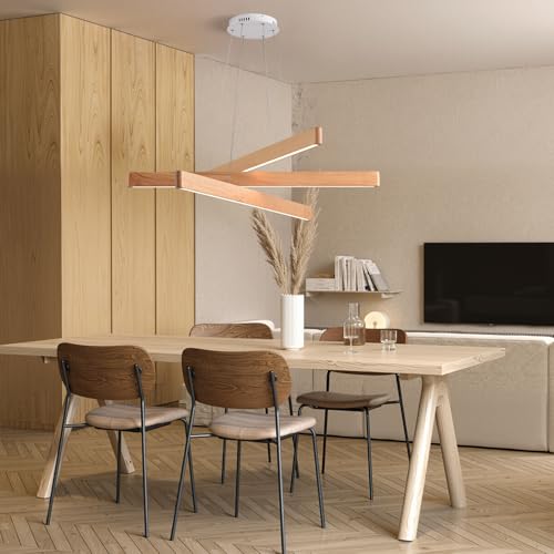 3 Light Solid Wood Natural Linear Pendant Light Modern LED Pendant Light Dimmable Chandelier for Dining Room Table Kitchen Island Living Room Ceiling (3 Count)