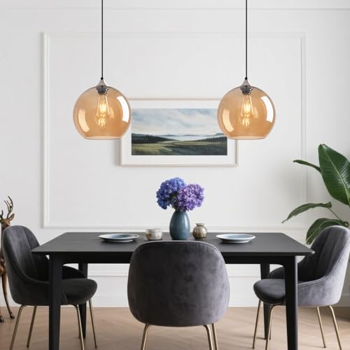 Amber Glass Pendant Lights Kitchen Island Globe Pendant Light Fixtures Modern Pendant Lighting for Bedroom Living Dining Room Light Fixture (3 Count)