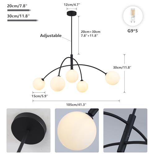 Mid Century Chandelier Black Ceiling Light 5 Light Sputnik Light Fixture with White Glass Globe Adjustable Modern Sputnik Chandelier for Dining Room Kitchen Bedroom…