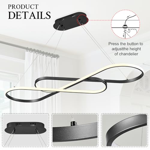 Modern LED Chandelier Black Dimmable LED Pendant Light for Dining Room Light Fixture Over Table Modern Kitchen Island Lighting High Ceiling with Remote for Living Room