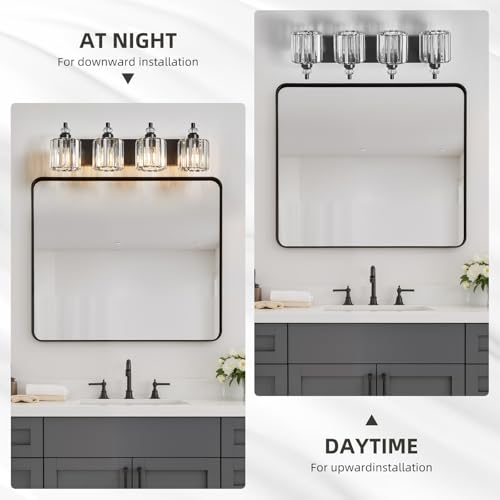 4 Light Black Bathroom Light Fixtures Over Mirror Modern Vanity Lights Crystal Wall Sconce Vintage Bathroom Lighting with Crystal Shade E26 Base for Bedroom