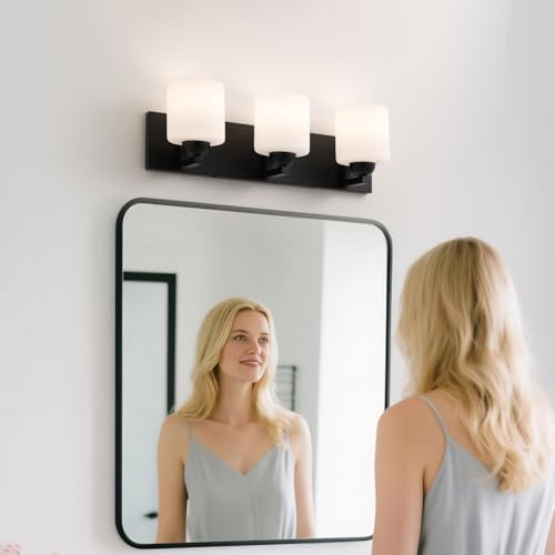 3 Light Black Bathroom Vanity Light with White Glass Shades